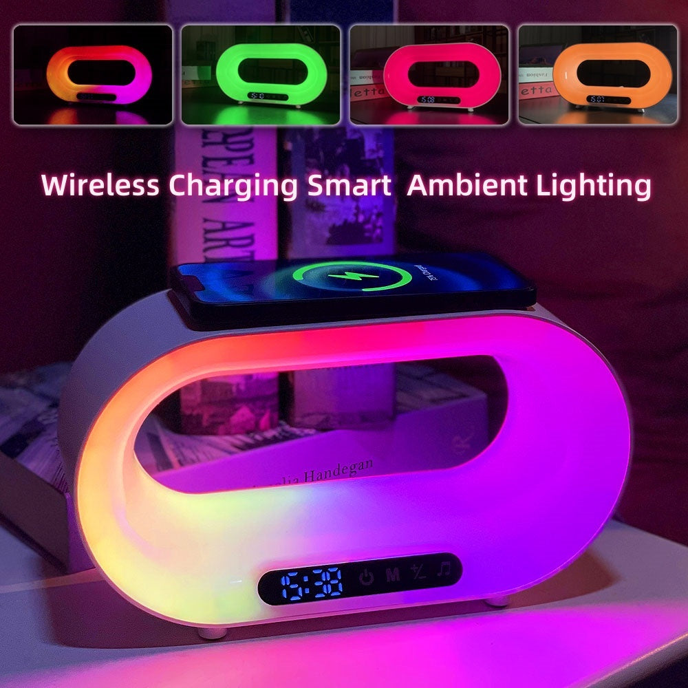 3-in-1 Smart LED Night Light with Wireless Charger & Alarm Clock – APP Controlled RGB Atmosphere Desk Lamp