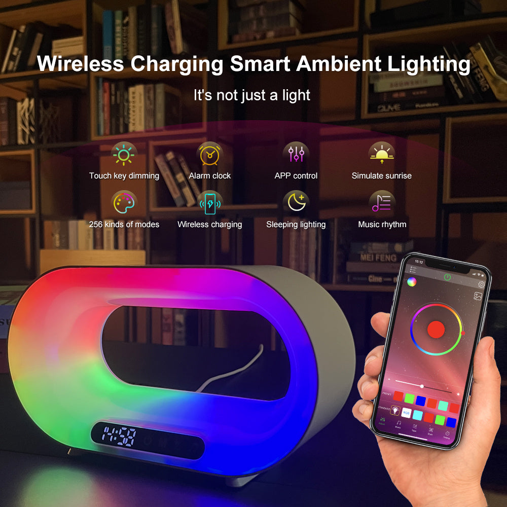 3-in-1 Smart LED Night Light with Wireless Charger & Alarm Clock – APP Controlled RGB Atmosphere Desk Lamp