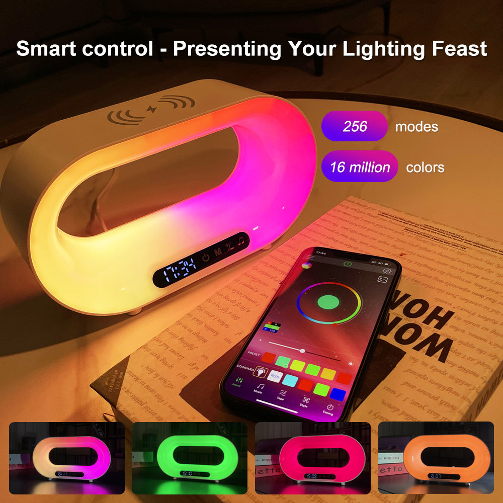 3-in-1 Smart LED Night Light with Wireless Charger & Alarm Clock – APP Controlled RGB Atmosphere Desk Lamp